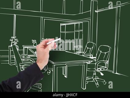 3D Hand Office Ziehanlagen in dunklem Hintergrund Stockfoto