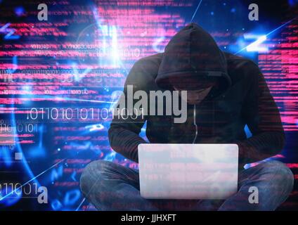 Hacker mit Beine gekreuzt mit einem Laptop vor digitalen Hintergrund Stockfoto