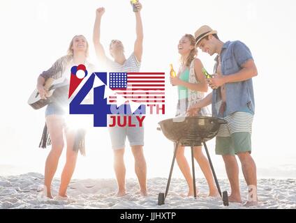 Fourth Of July-Grafik mit Fahnen und Eis gegen Millennials am Beach-Party und flares Stockfoto