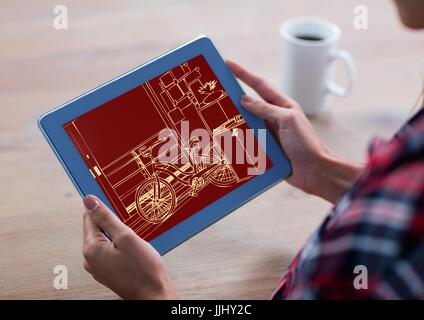 Hände mit Tablet-PC mit Office-Linien (2 Töne > orange und dunkelrot) Stockfoto