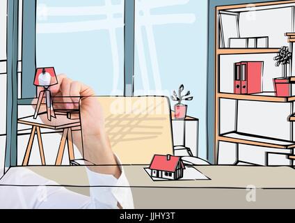 Handzeichnung 3D-Linien Büro auf dem Bildschirm. Mit Farbe Stockfoto