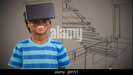 Junge im virtual-Reality-Kopfhörer gegen braune Hand gezeichnet Büro