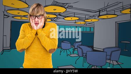 Frustriert tausendjährigen gegen 3d blau und gelb handgezeichnete Büro Stockfoto