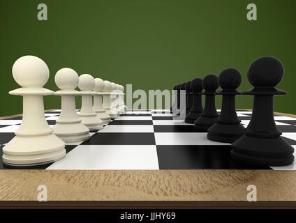 3D Schach Stücke vor grünem Hintergrund Stockfoto