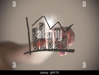 Hand Poitning am Graph Doodle mit Fackel vor braunem Hintergrund Stockfoto