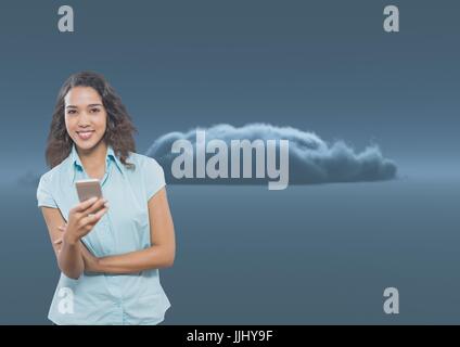 3D Smiling Frau SMS gegen eine 3D dunkle Wolke Stockfoto