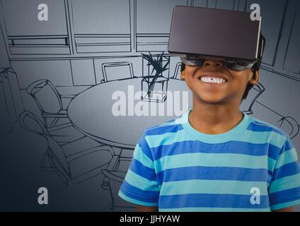 Junge im virtual-Reality-Kopfhörer gegen Marine Hand gezeichnet Büro
