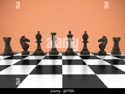 3D Schachfiguren orange Hintergrund Stockfoto