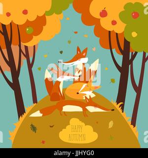 Niedliche Füchse im herbstlichen Wald Stock Vektor