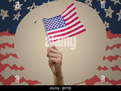 Hand hält 3D amerikanische Flagge gegen Creme Kreis und hand gezeichnete amerikanische Flagge Stockfoto