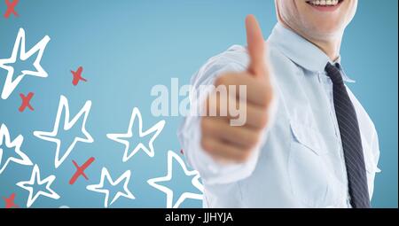 Geschäftsmann Mittelteil geben Daumen gegen 3D blauer Hintergrund mit roten und weißen Hand gezeichnet s Stockfoto
