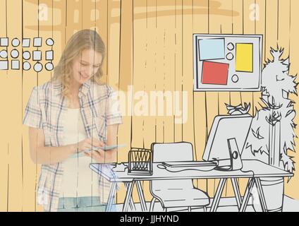glückliche Mädchen auf Tablet das 3D Office Ziehanlagen. Wir sehen sie auf den Office-Linien Stockfoto