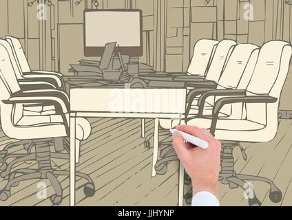 3D Hand zeichnen Büro von Linien. Mit braunen Farben Stockfoto