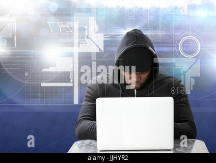 Hacker mit einem Laptop vor blauem Hintergrund digital Stockfoto