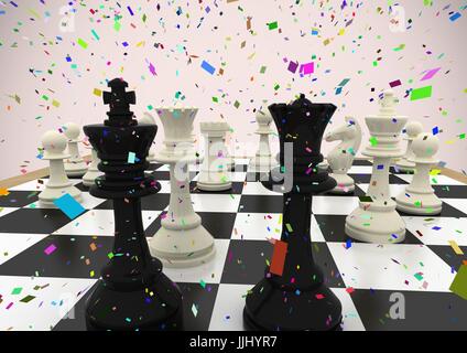 3D Schach Stücke vor rosa Hintergrund mit Konfetti Stockfoto