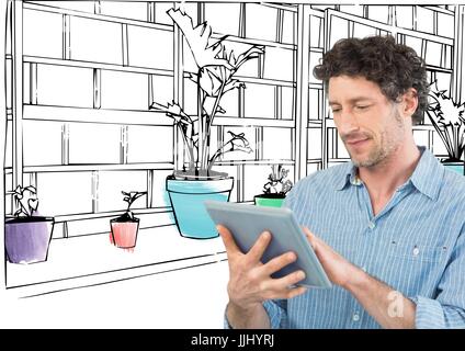 Geschäftsmann mit Tablet-PC vor neuen Büro 3D-Linien mit Details in Farbe Stockfoto