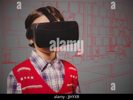 Junge im virtual-Reality-Kopfhörer gegen rote und graue Hand gezeichnet Wand