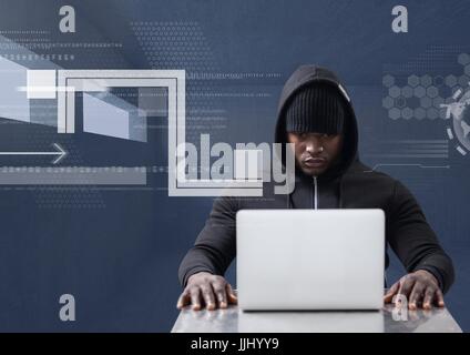 Hacker mit einem Laptop in einem 3D dunklen Raum Stockfoto