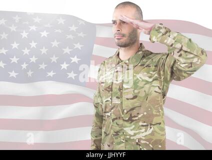 Soldat mit Hand am Kopf vor amerikanische Flagge Stockfoto