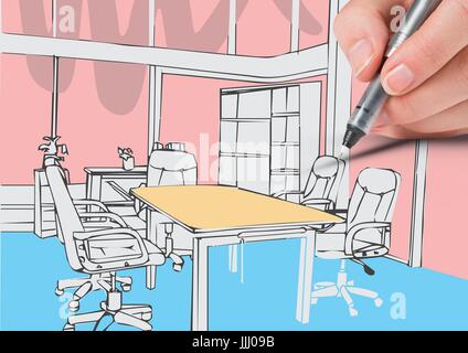 3D Hand zeichnen Büro von Linien. Weiße Farben Stockfoto