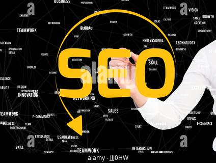 SEO mit Kreis Pfeil Schreiben vom Geschäftsmann. Verbindungen hinter Stockfoto