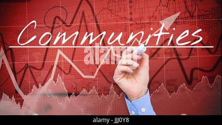 Geschäftsmann Handschrift Gemeinschaften auf dem Bildschirm. Börse, roten Hintergrund Stockfoto
