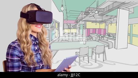 Frau in virtual-Reality-Kopfhörer mit Tablette gegen 3d Hand gezeichnet Büro Stockfoto