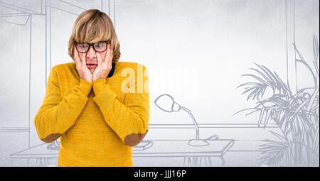 Frustriert tausendjährigen Mann gegen weiße hand gezeichnete Büro Stockfoto