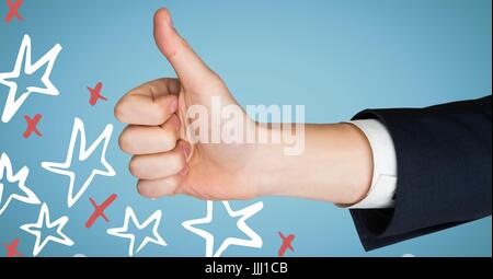 Hand geben Daumen gegen blauer Hintergrund mit roten und weißen Hand gezeichnete Stern-Muster Stockfoto