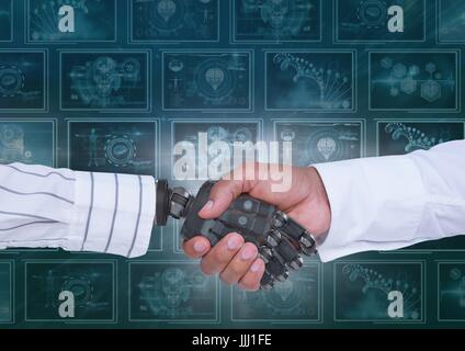 3D Roboterhand und Person Händeschütteln vor Hintergrund mit medizinischen Schnittstellen Stockfoto