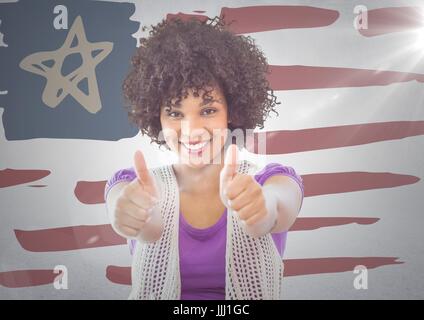 Frau mit zwei Daumen gegen amerikanische Flagge Hand gezeichnet und weiße Wand mit flare Stockfoto