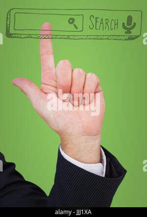 Hand auf Suchleiste vor grünem Hintergrund zeigen Stockfoto