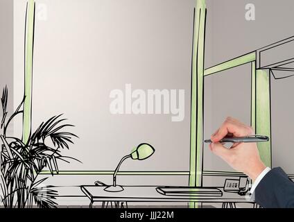 3D Handzeichnung Büro fiktive Linien im Raum. Mit grünen details Stockfoto