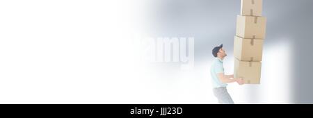 Lieferung Kurier holding Stack Turm der Boxen vor der unscharfen Hintergrund 3d Stockfoto