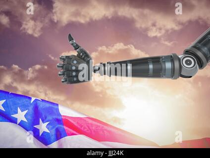 Roboter mit Daumen gegen Sonnenuntergang und amerikanische Flagge Stockfoto