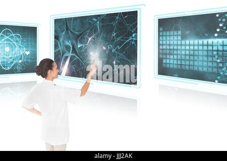 Frau Doktor Interaktion mit medizinischen Schnittstellen gegen weißen Hintergrund 3d Stockfoto