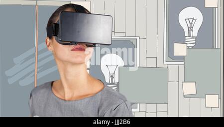 Business-Frau in virtual-Reality-Kopfhörer gegen 3d Wand mit Bildern Stockfoto