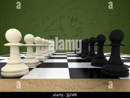 3D Schach Stücke vor grünem Hintergrund mit Mathe doodles Stockfoto