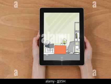 Hände mit Tablet-PC auf dem Schreibtisch (Draufsicht) auf den Bildschirm Büro Linien (Farbe: grün, blau und rot) Stockfoto