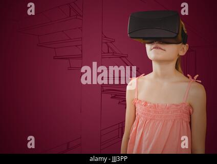 Mädchen in 3d virtual-Reality-Kopfhörer gegen braunen Hand gezeichnet Treppen Stockfoto
