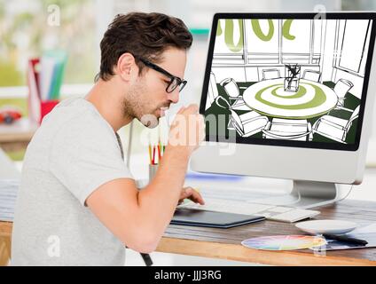 Junger Mann nehmen Kaffee. Computer hinter mit neuen Tagungsraum design Linien. Stockfoto