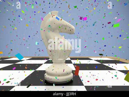 3D Schachstück lila Hintergrund mit Konfetti Stockfoto