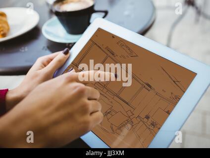 3D Plan auf Tablet (Two-Tone > braun und Orange) Stockfoto