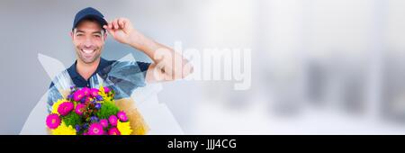 Lieferung Kurier hält Blumen vor unscharfen Hintergrund 3d Stockfoto