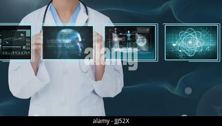 Frau Doktor Interaktion mit medizinischen Schnittstellen gegen Bluebackground 3d Stockfoto