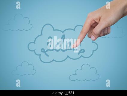 Hand auf Idee Doodle vor blauem Hintergrund Stockfoto