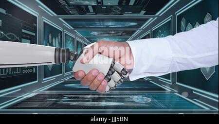 3D Roboterhand und Person Händeschütteln vor Hintergrund mit medizinischen Schnittstellen Stockfoto