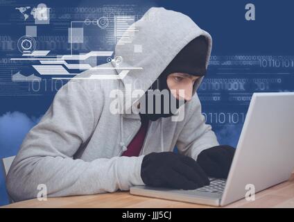 Hacker mit einem 3d Laptop vor blauem Hintergrund digital Stockfoto