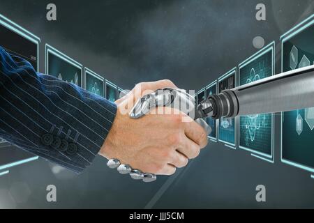 3D Roboterhand und Person Händeschütteln vor Hintergrund mit medizinischen Schnittstellen Stockfoto