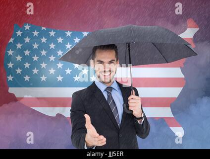 Business-Mann hält Regenschirm und schüttelte seine Hände gegen 3d amerikanische Flagge Stockfoto